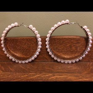 Large Silver Tone Faux Pearl Earrings. NWOT.